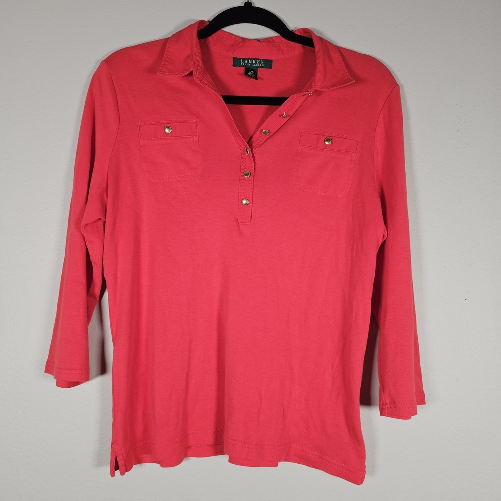 Lauren Ralph Lauren Womens Collard Top Blouse Size Large Blush Pink 3/4‎ Sleeve